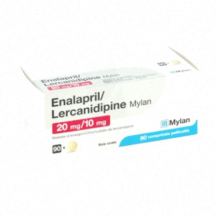 Boîte d'Enalapril et main agrippant une souris symbolisant la pression artérielle